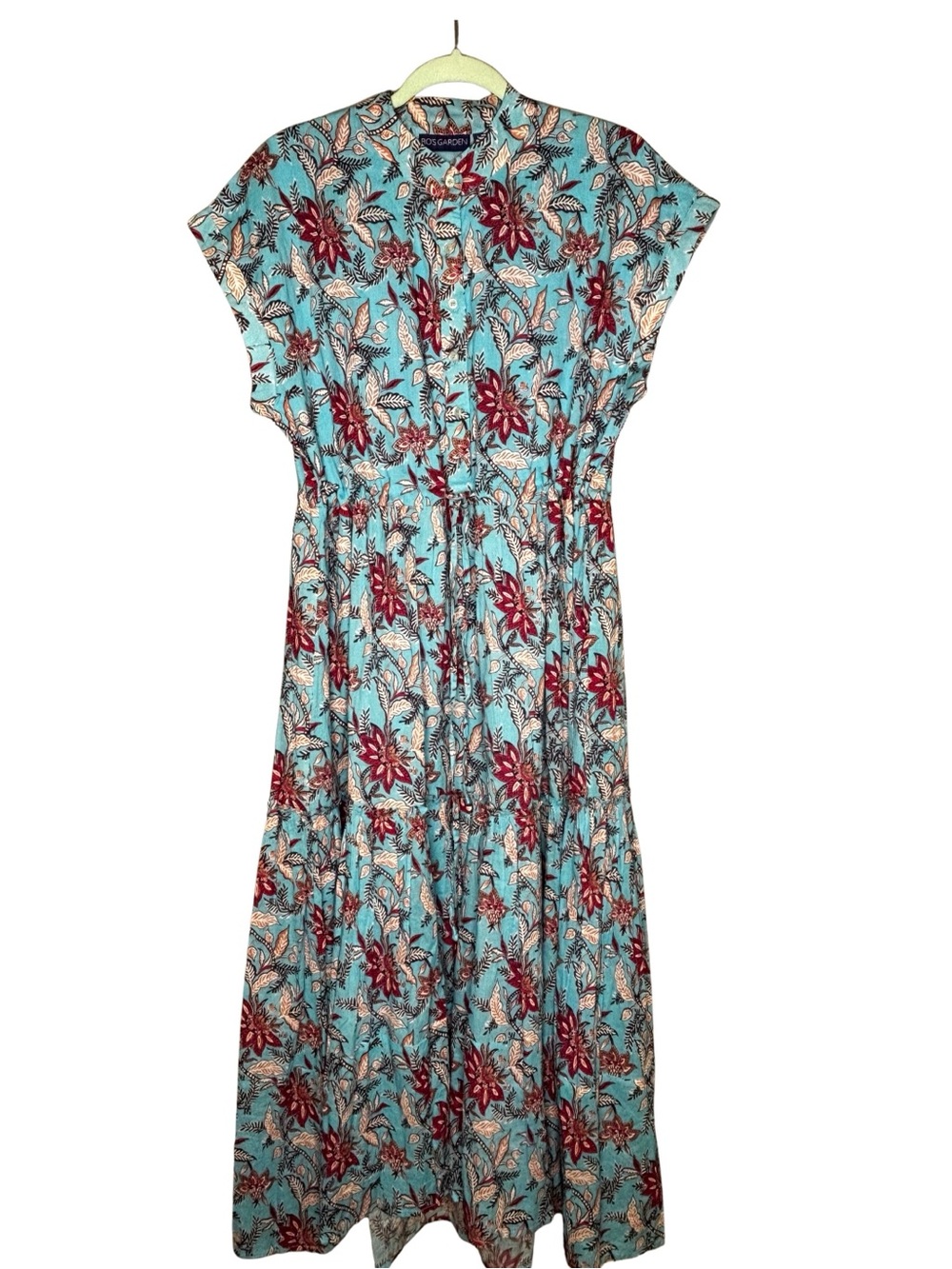 Turquoise Floral Button-Front Maxi Dress with Burgundy Accents